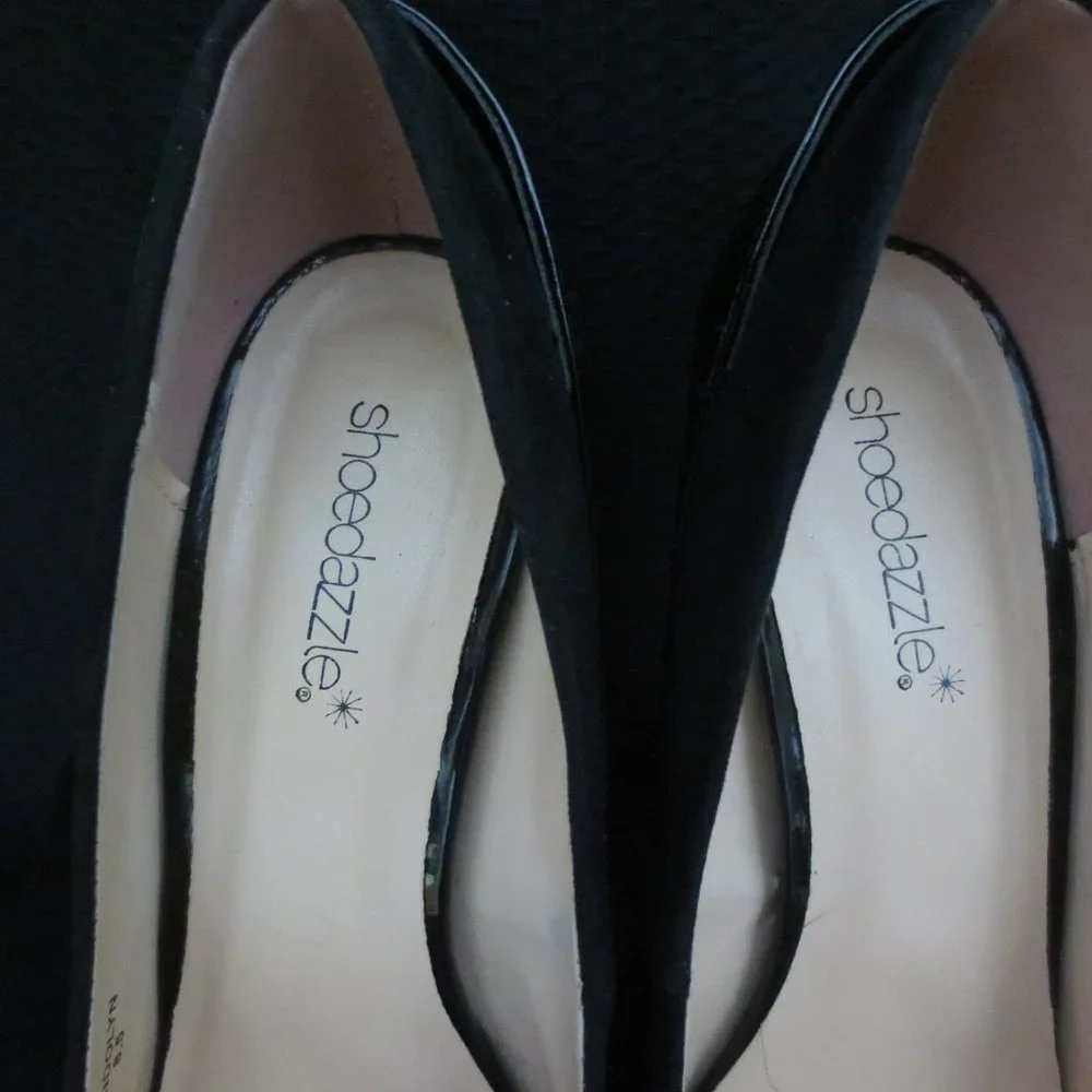 Shoedazzle Gwendolyn Shoes Black Patent Gold Platform Stiletto Pumps Size 8.5
